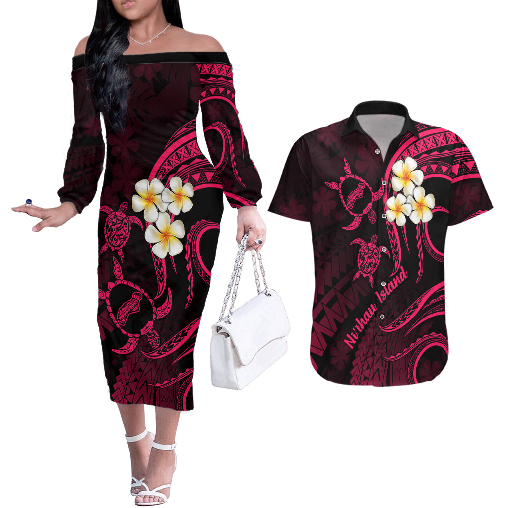 Hawaii Couples Off The Shoulder Long Sleeve Dress and Hawaiian Shirt Niihau Islands Polynesian Sunset Plumeria Pink Vibe LT9 Pink - Polynesian Pride