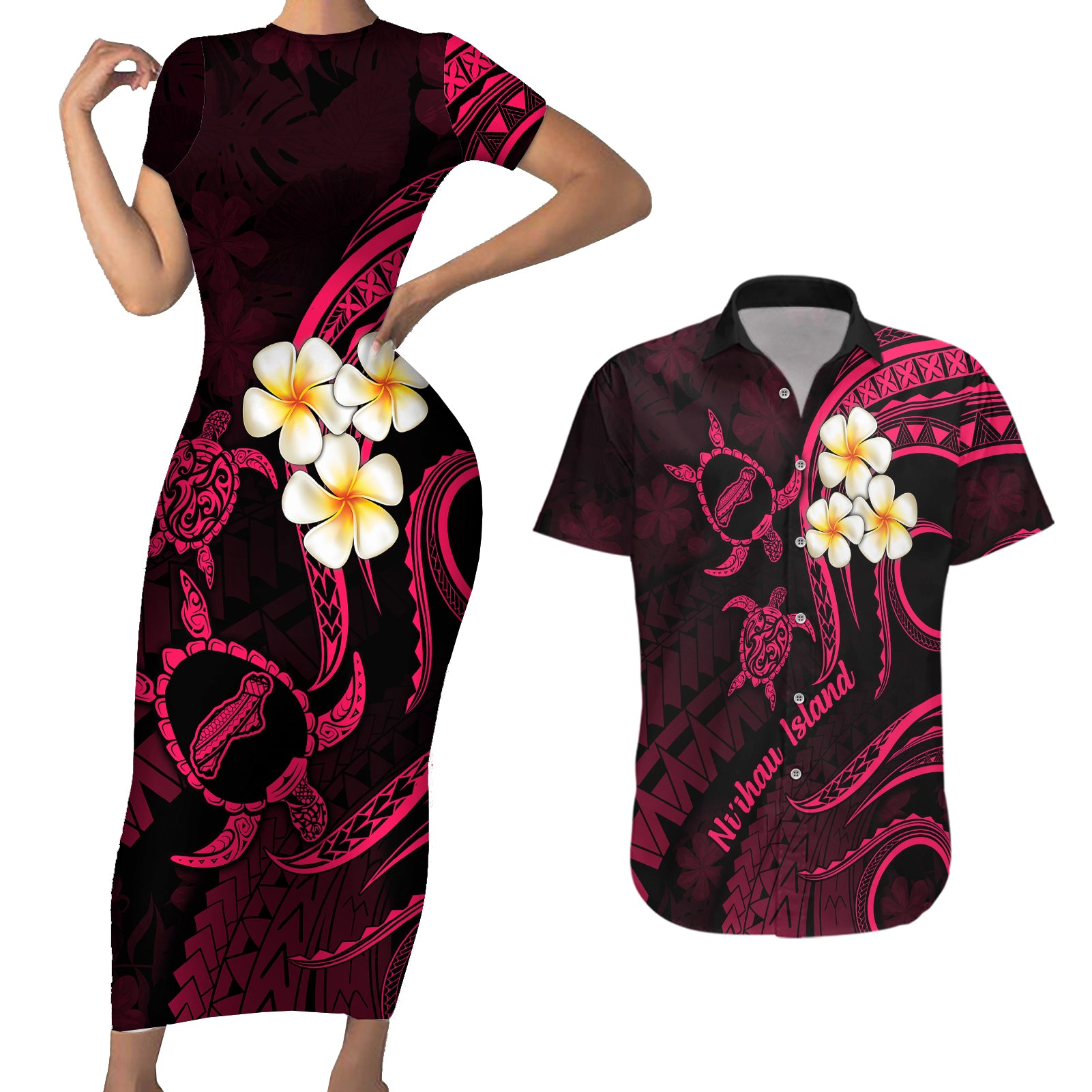 Hawaii Couples Short Sleeve Bodycon Dress and Hawaiian Shirt Niihau Islands Polynesian Sunset Plumeria Pink Vibe LT9 Pink - Polynesian Pride