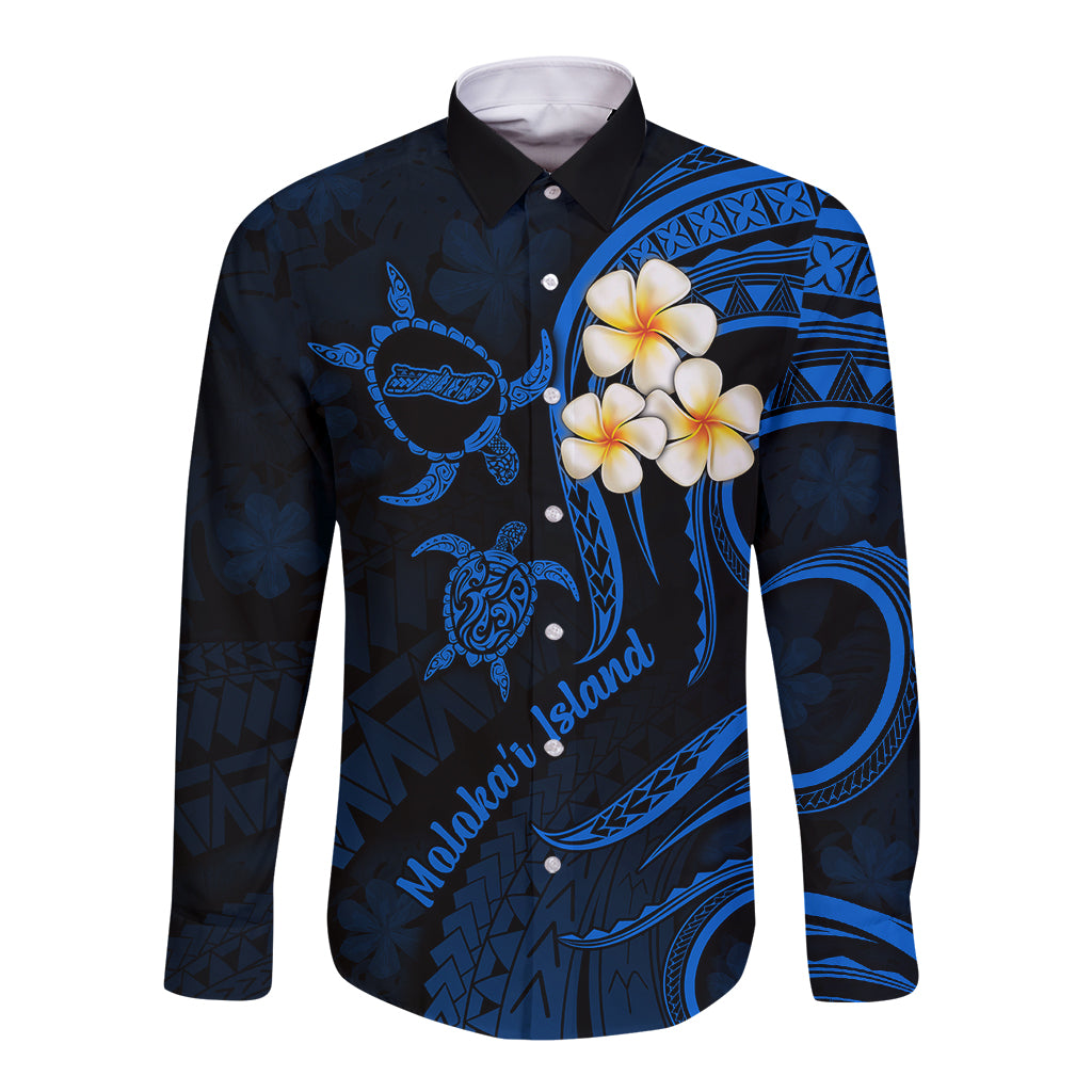 Hawaii Long Sleeve Button Shirt Molokai Islands Polynesian Sunset Plumeria Blue Vibe LT9 Unisex Blue - Polynesian Pride