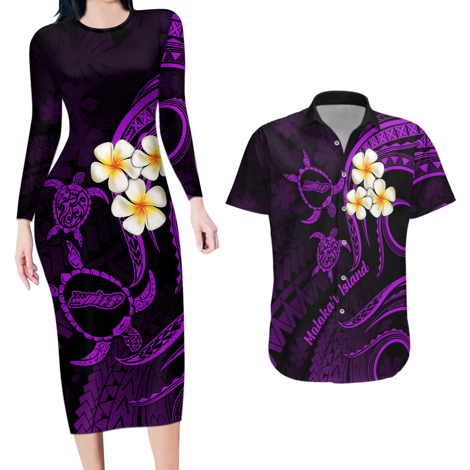 Polynesian Hawaii Couples Long Sleeve Bodycon Dress and Hawaiian Shirt Molokai Islands with Pacific Plumeria Purple Vibe LT9 Purple - Polynesian Pride