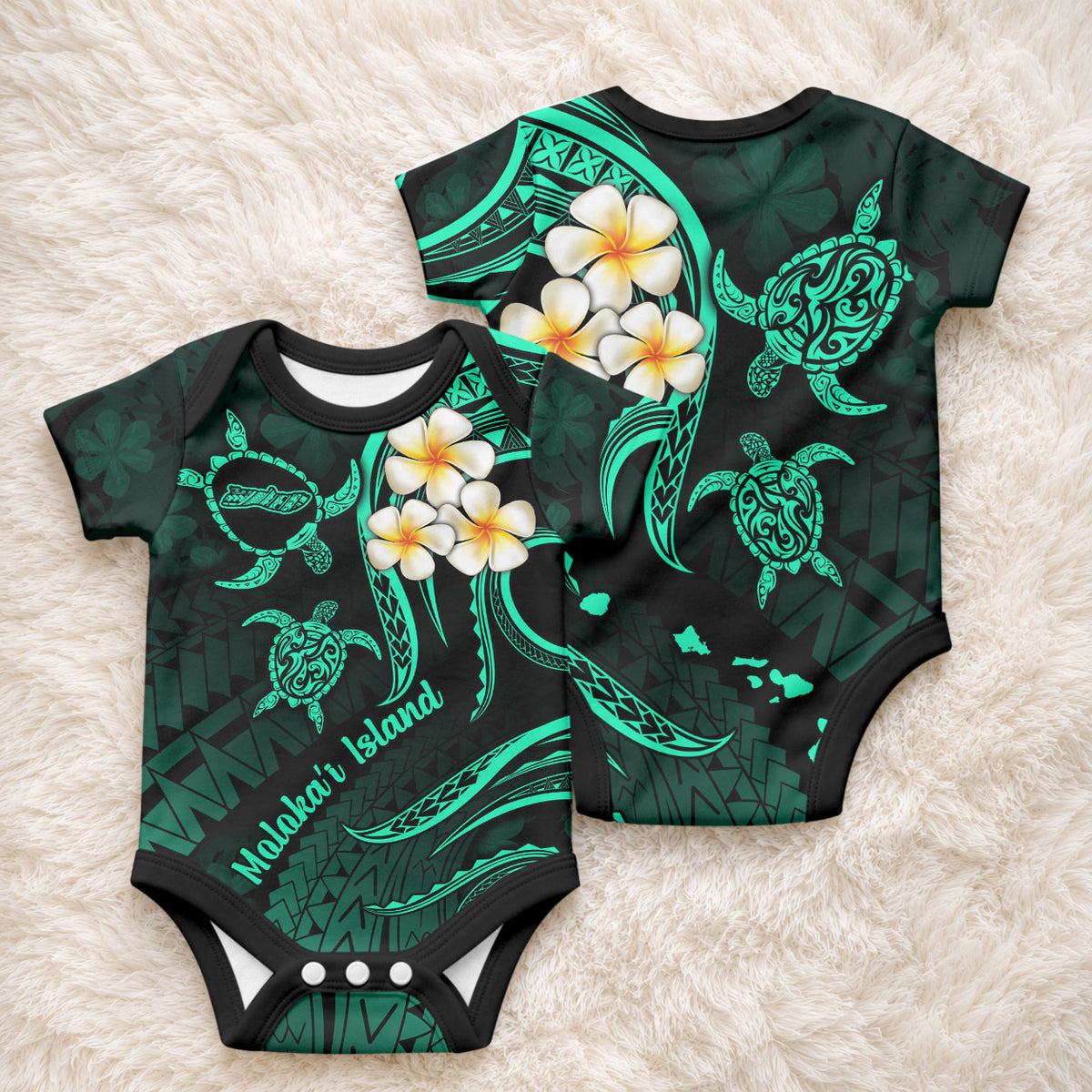 Polynesian Hawaii Molokai Islands Baby Onesie with Pacific Plumeria Turquoise Vibe LT9 - Polynesian Pride