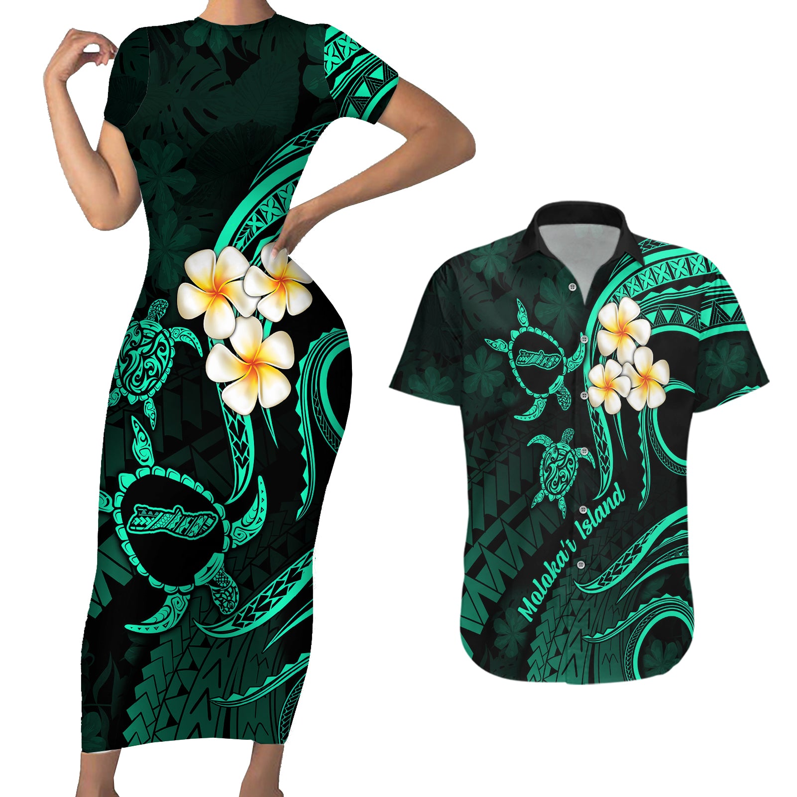 Polynesian Hawaii Couples Short Sleeve Bodycon Dress and Hawaiian Shirt Molokai Islands with Pacific Plumeria Turquoise Vibe LT9 Turquoise - Polynesian Pride