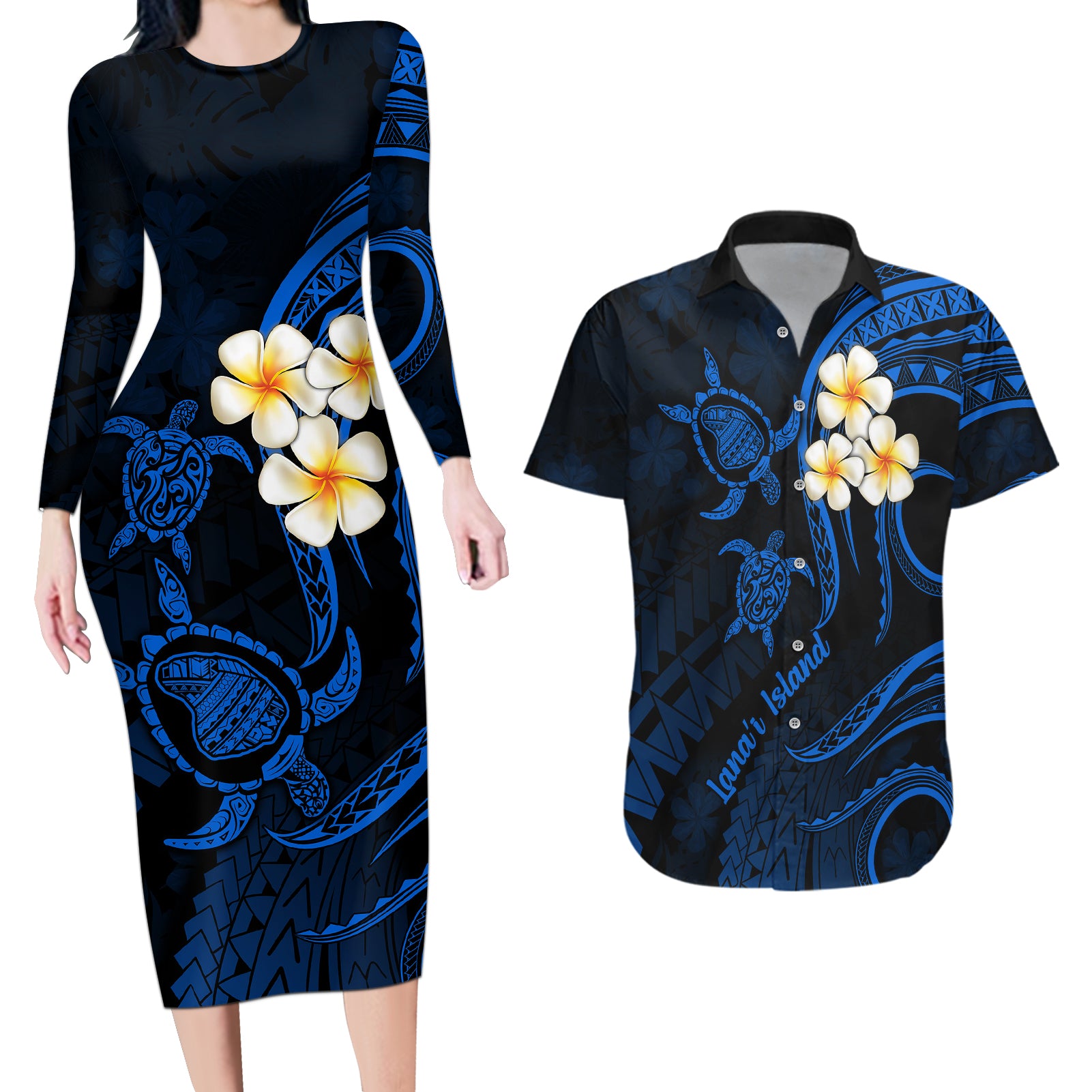 Hawaii Couples Long Sleeve Bodycon Dress and Hawaiian Shirt Lanai Islands Polynesian Sunset Plumeria Blue Vibe LT9 Blue - Polynesian Pride