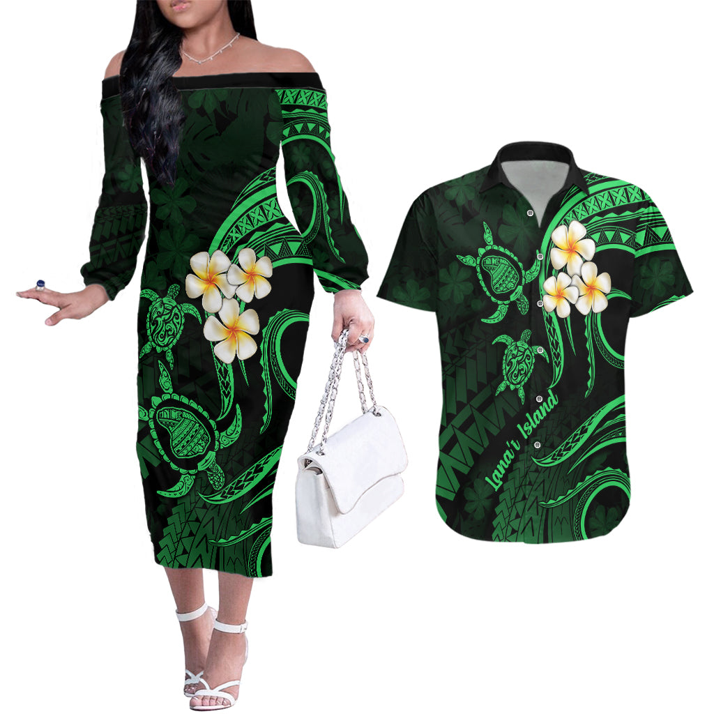 Hawaii Couples Off The Shoulder Long Sleeve Dress and Hawaiian Shirt Lanai Islands Polynesian Sunset Plumeria Green Vibe LT9 Green - Polynesian Pride