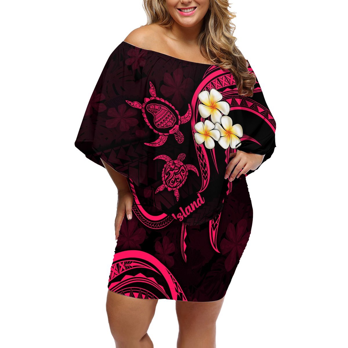 Hawaii Off Shoulder Short Dress Lanai Islands Polynesian Sunset Plumeria Pink Vibe LT9 Women Pink - Polynesian Pride