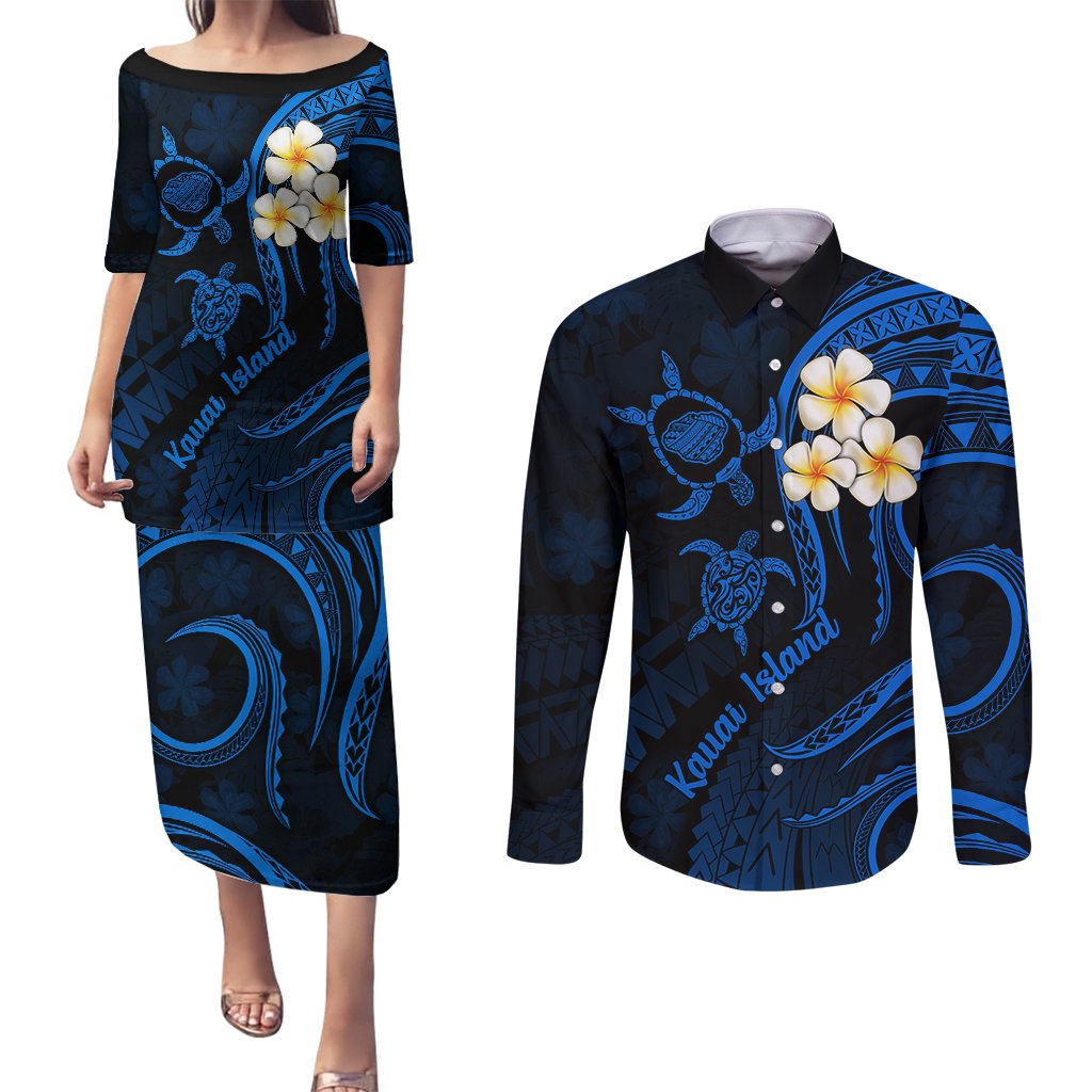 Hawaii Couples Puletasi Dress and Long Sleeve Button Shirts Kauai Islands Polynesian Sunset Plumeria LT9 Blue - Polynesian Pride