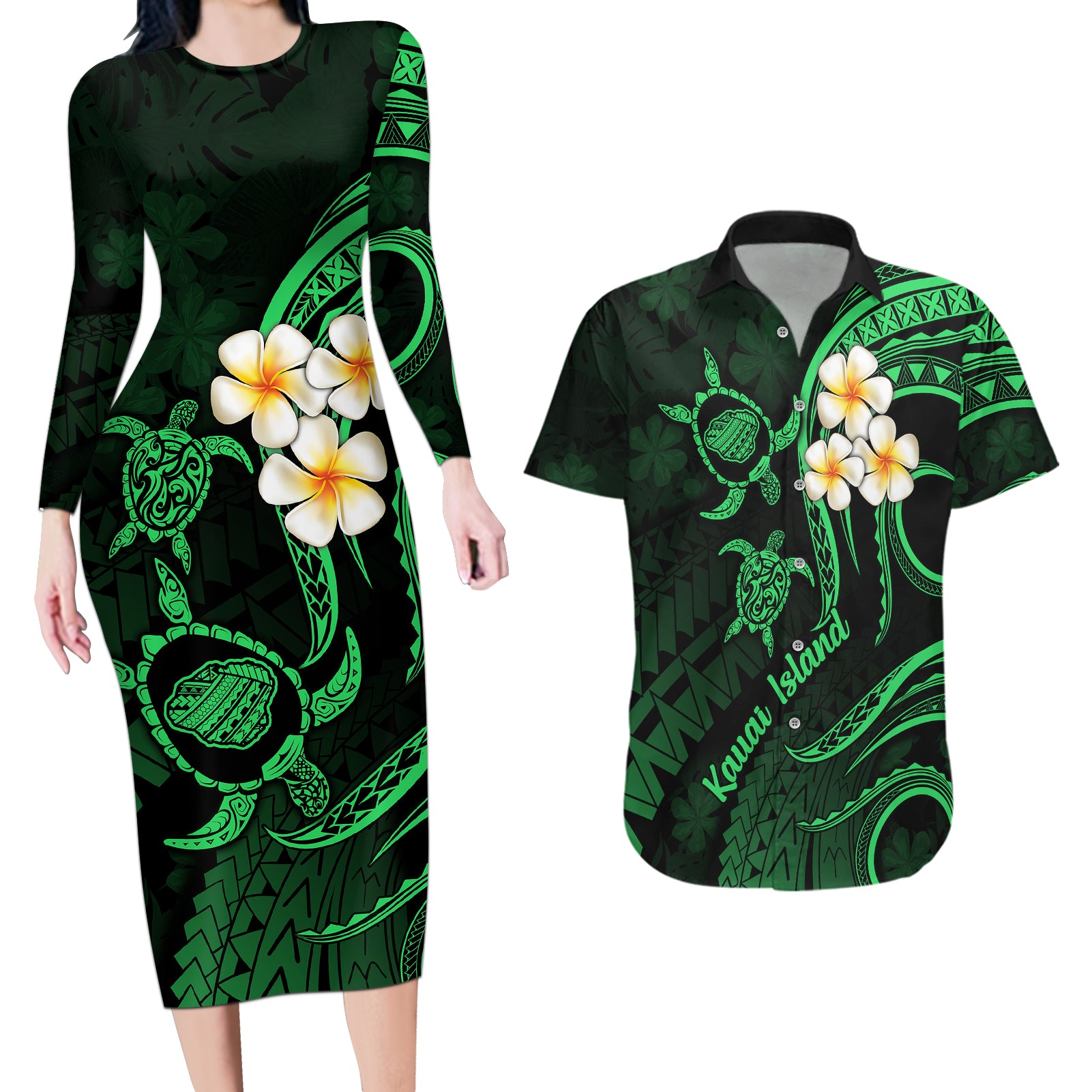 Hawaii Couples Long Sleeve Bodycon Dress and Hawaiian Shirt Kauai Islands Polynesian Sunset Plumeria Green Vibe LT9 Green - Polynesian Pride