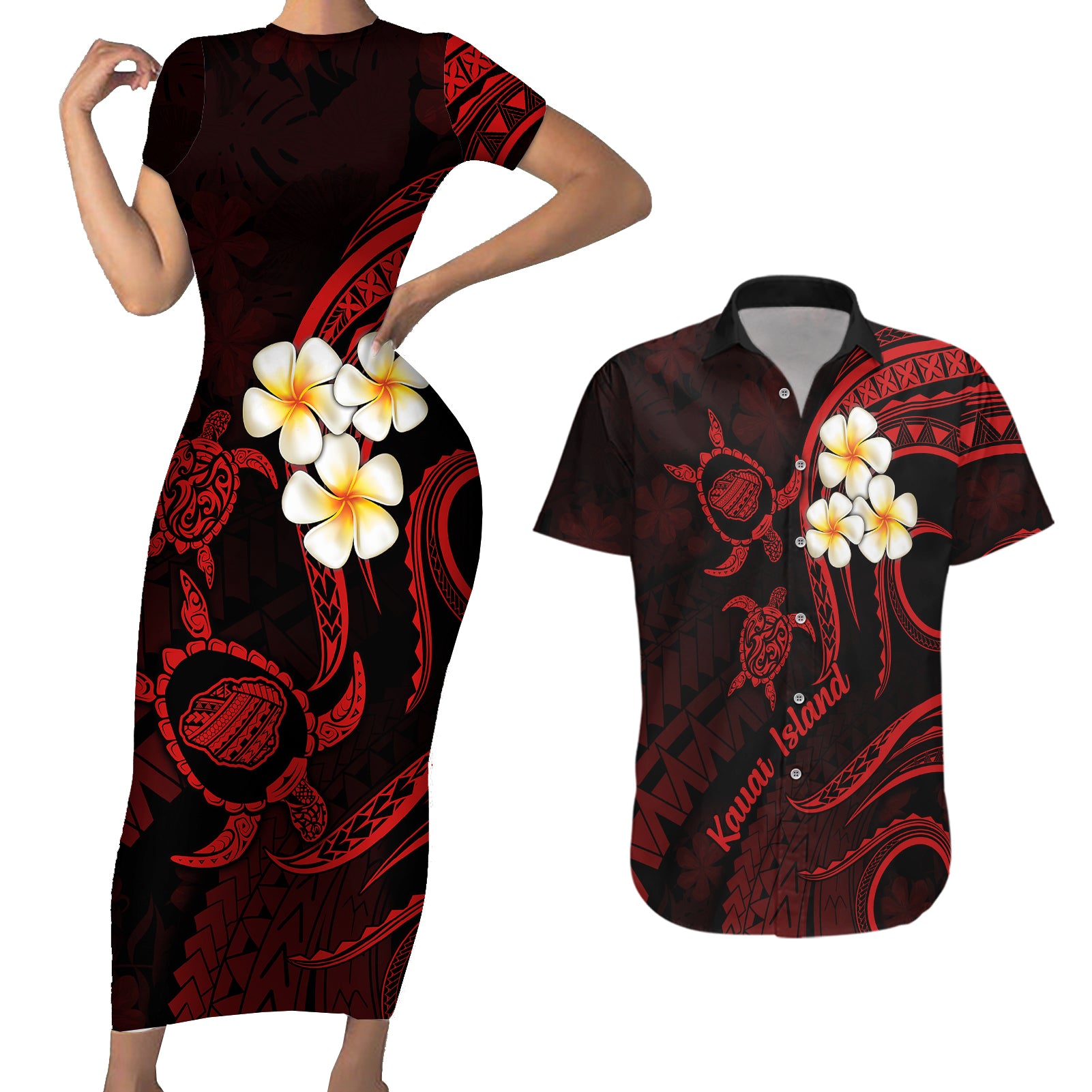 Polynesian Hawaii Couples Short Sleeve Bodycon Dress and Hawaiian Shirt Kauai Islands with Pacific Plumeria Red Vibe LT9 Red - Polynesian Pride