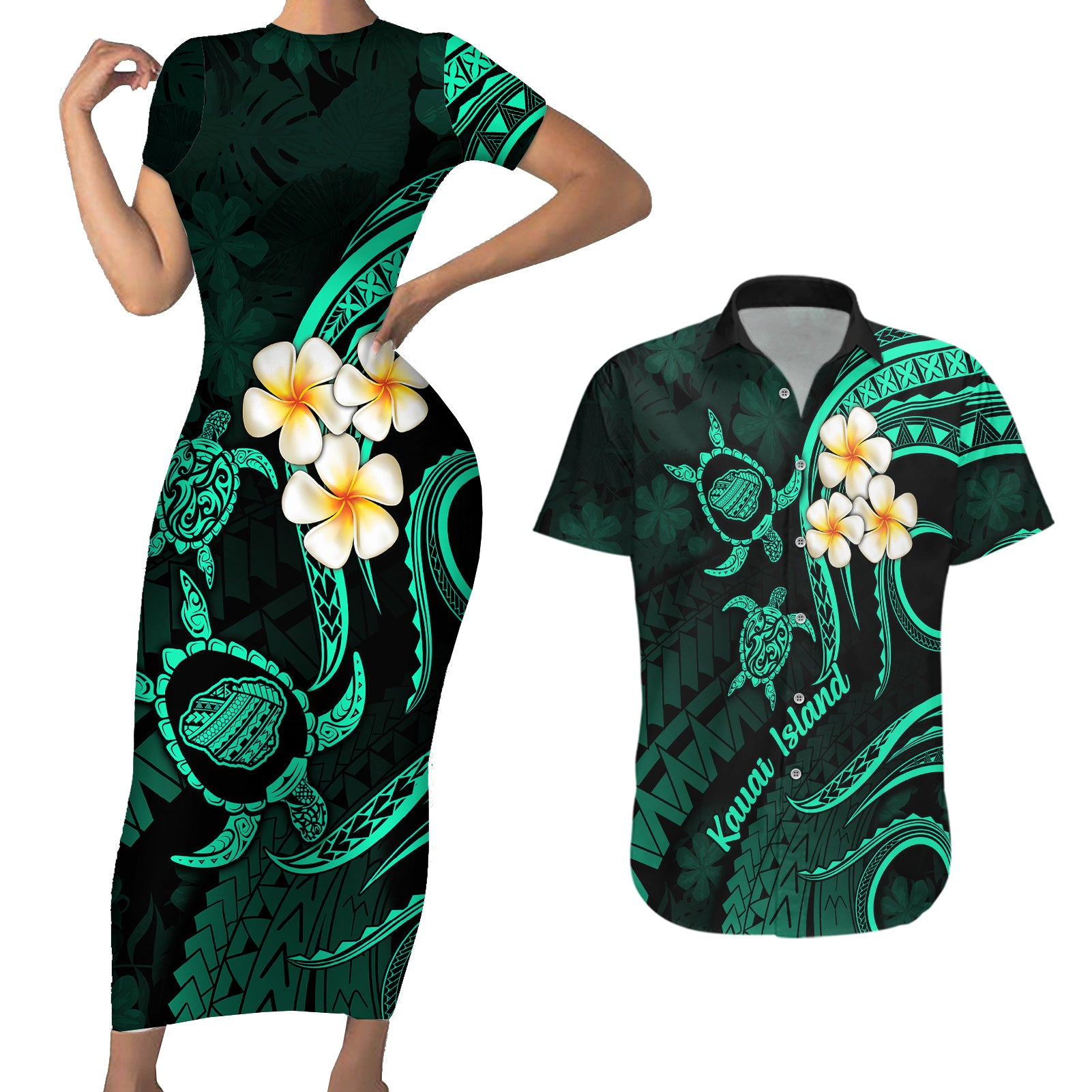 Polynesian Hawaii Couples Short Sleeve Bodycon Dress and Hawaiian Shirt Kauai Islands with Pacific Plumeria Turquoise Vibe LT9 Turquoise - Polynesian Pride