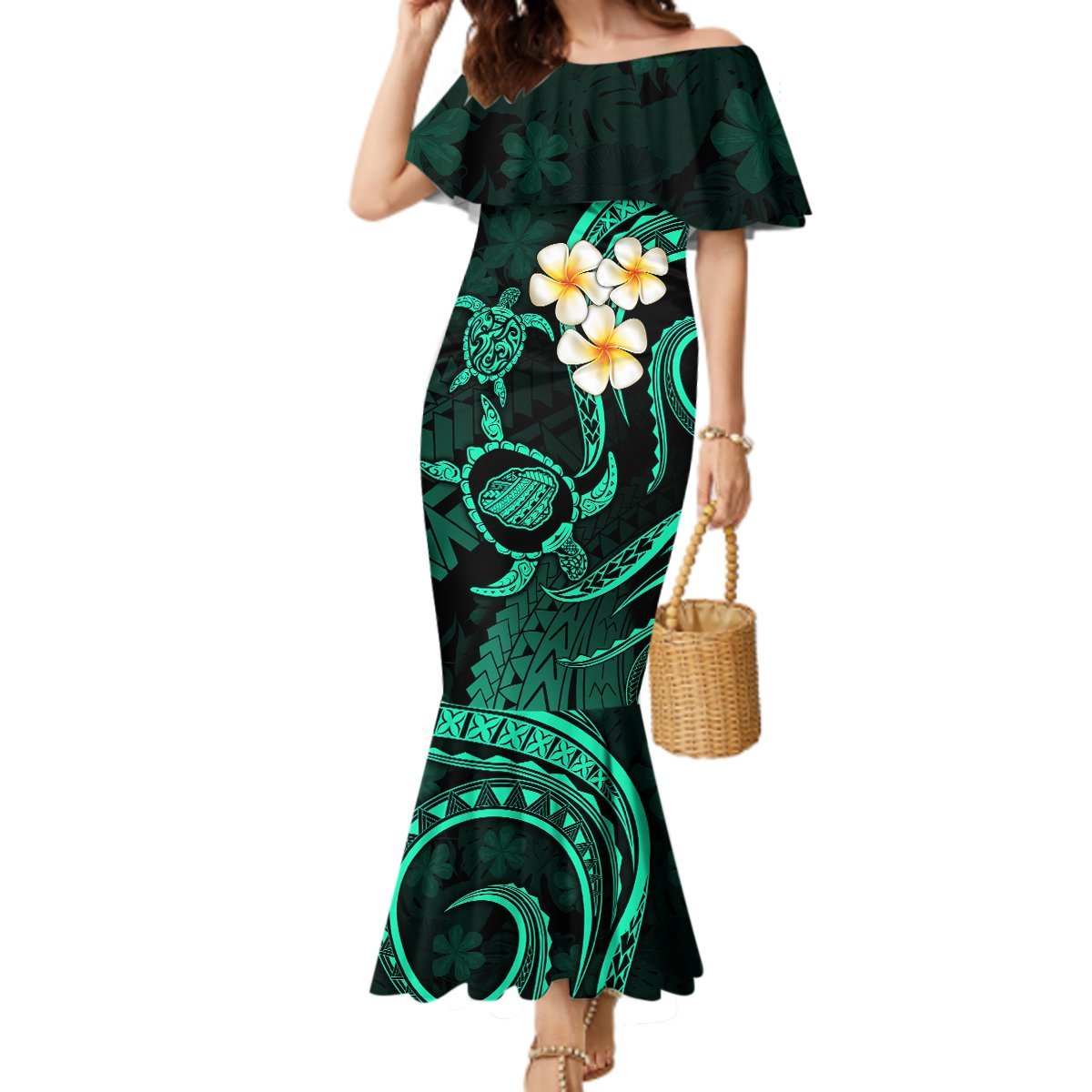 Polynesian Hawaii Mermaid Dress Kauai Islands with Pacific Plumeria Turquoise Vibe LT9 Women Turquoise - Polynesian Pride