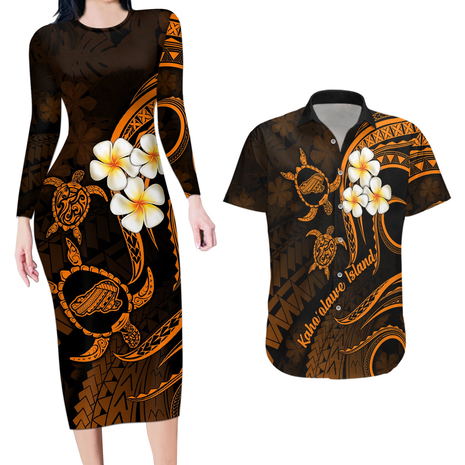 Hawaii Couples Long Sleeve Bodycon Dress and Hawaiian Shirt Kahoolawe Islands Polynesian Sunset Plumeria Gold Vibe LT9 Gold - Polynesian Pride