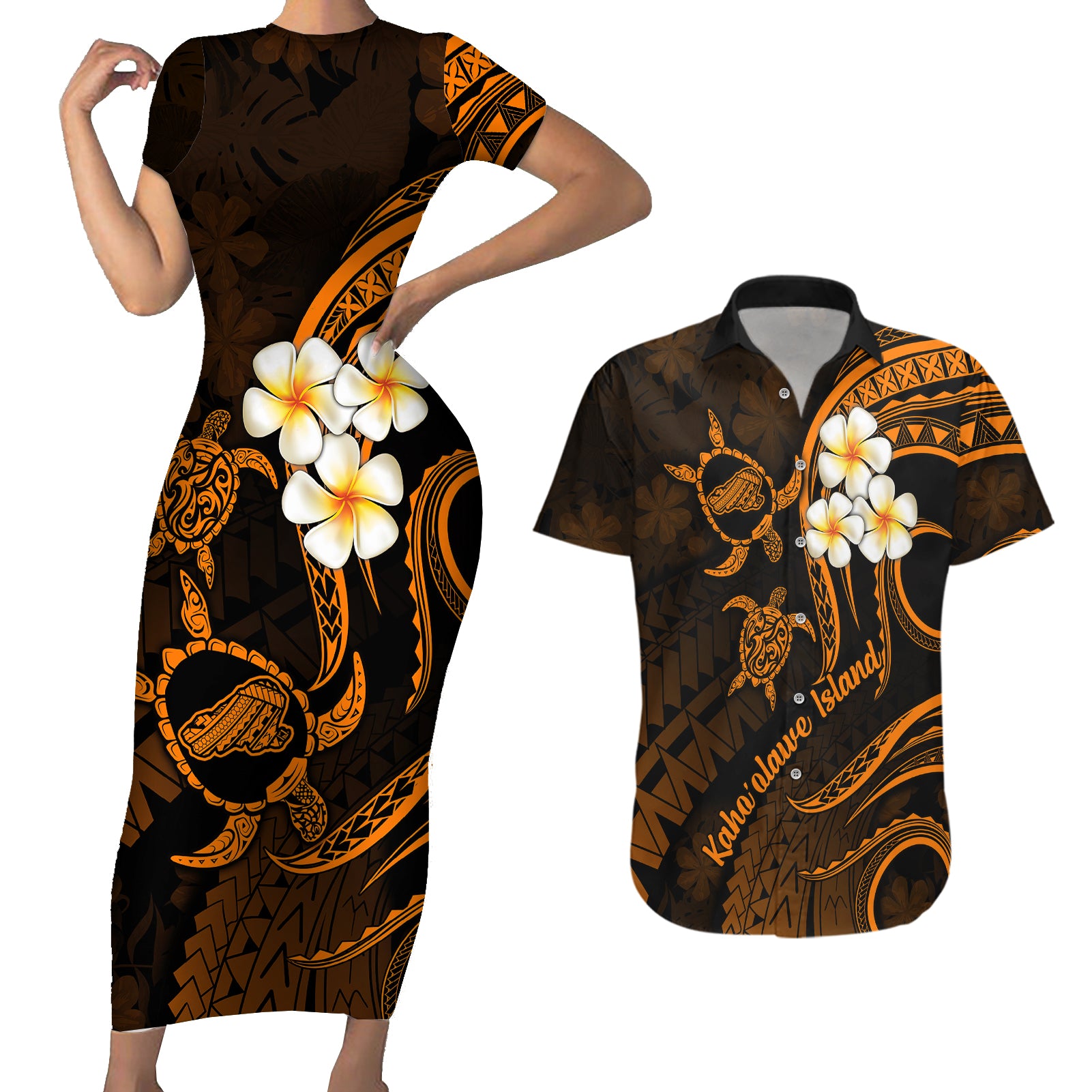 Hawaii Couples Short Sleeve Bodycon Dress and Hawaiian Shirt Kahoolawe Islands Polynesian Sunset Plumeria Gold Vibe LT9 Gold - Polynesian Pride