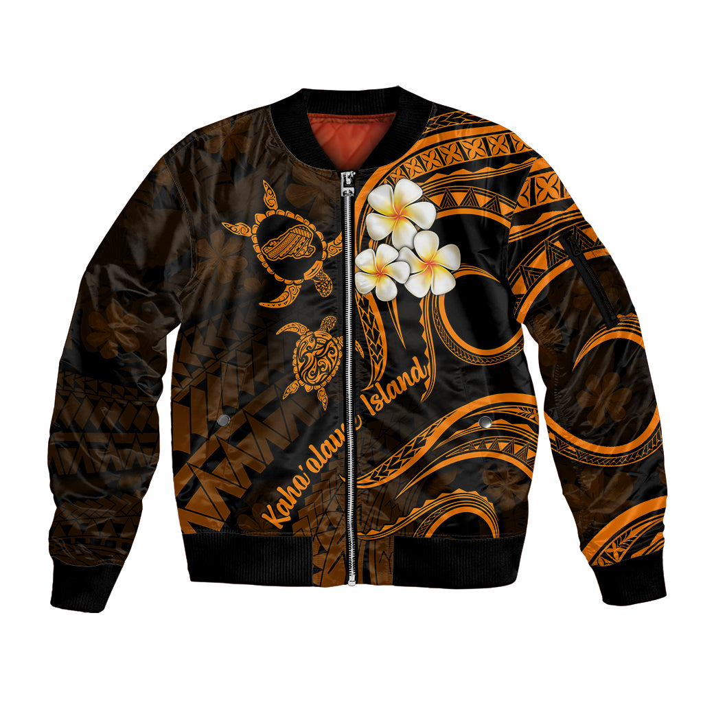 Hawaii Sleeve Zip Bomber Jacket Kahoolawe Islands Polynesian Sunset Plumeria Gold Vibe LT9 Unisex Gold - Polynesian Pride