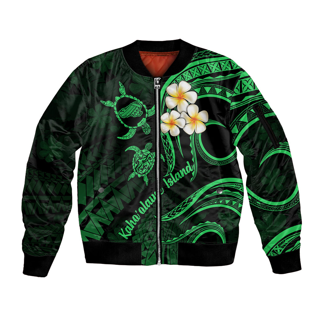 Hawaii Sleeve Zip Bomber Jacket Kahoolawe Islands Polynesian Sunset Plumeria Green Vibe LT9 Unisex Green - Polynesian Pride