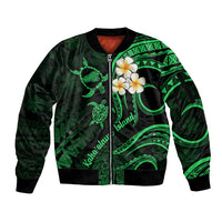 Hawaii Sleeve Zip Bomber Jacket Kahoolawe Islands Polynesian Sunset Plumeria Green Vibe LT9 Unisex Green - Polynesian Pride
