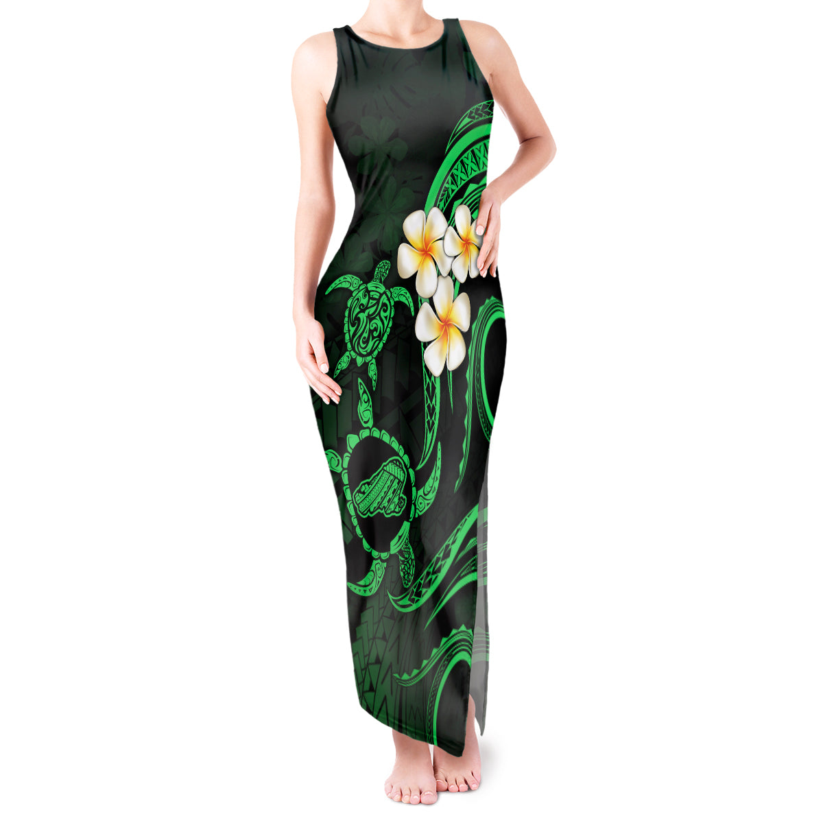 Hawaii Tank Maxi Dress Kahoolawe Islands Polynesian Sunset Plumeria Green Vibe LT9 Women Green - Polynesian Pride