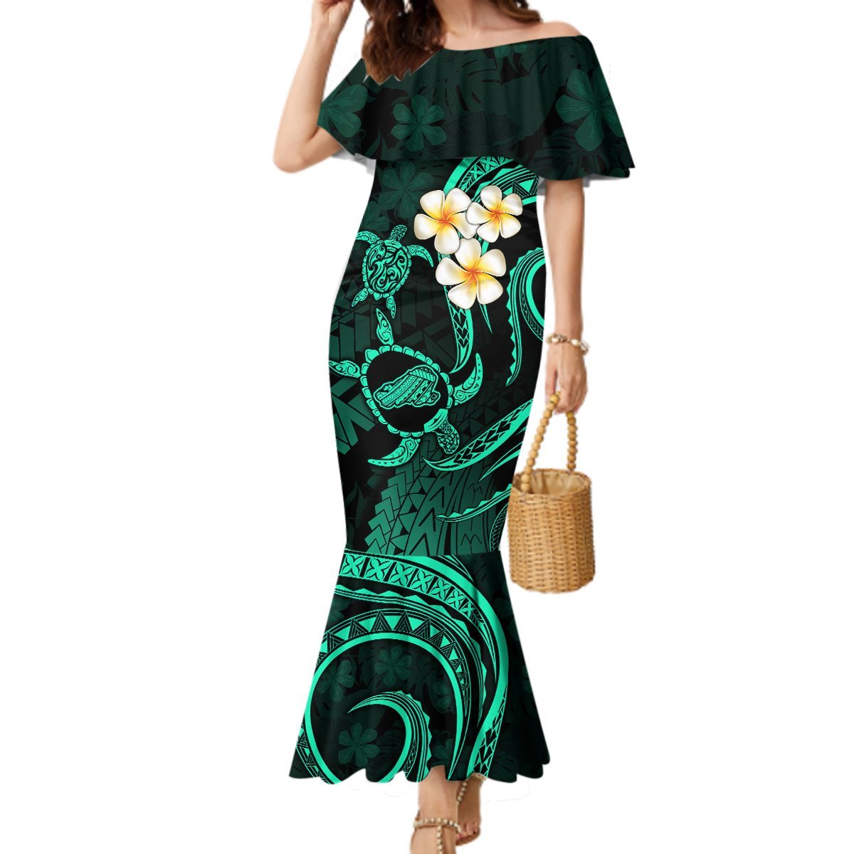 Polynesian Hawaii Mermaid Dress Kahoolawe Islands with Pacific Plumeria Turquoise Vibe LT9 Women Turquoise - Polynesian Pride