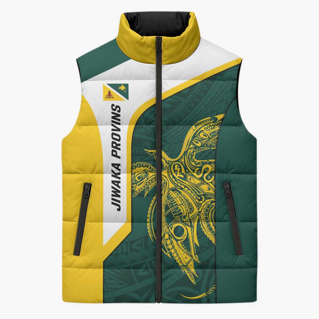 Personalised PNG Jiwaka Province Sleeveless Puffer Jacket Bird of Paradise Tattoo Flag Motif LT9 Unisex Green - Polynesian Pride