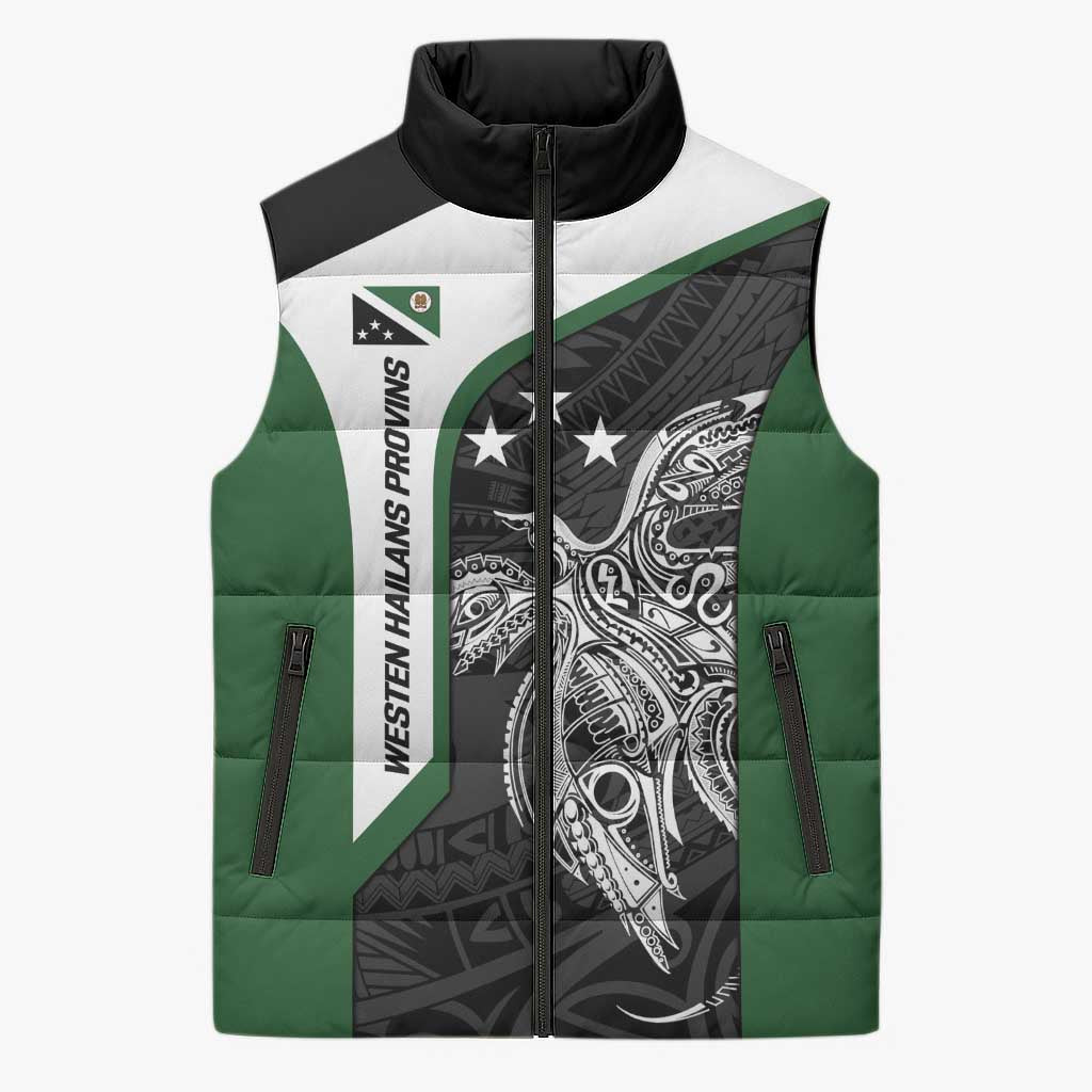 Personalised PNG Western Highlands Province Sleeveless Puffer Jacket Bird of Paradise Tattoo Flag Motif LT9 Unisex Green - Polynesian Pride