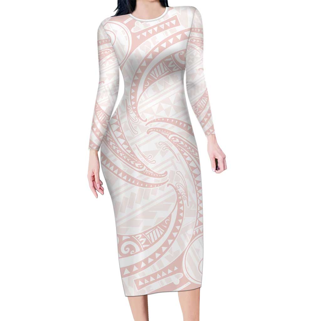 White Sunday Lotu Tamaiti Long Sleeve Bodycon Dress Polynesian Wave Pastel Blush LT9 Long Dress Blush - Polynesian Pride