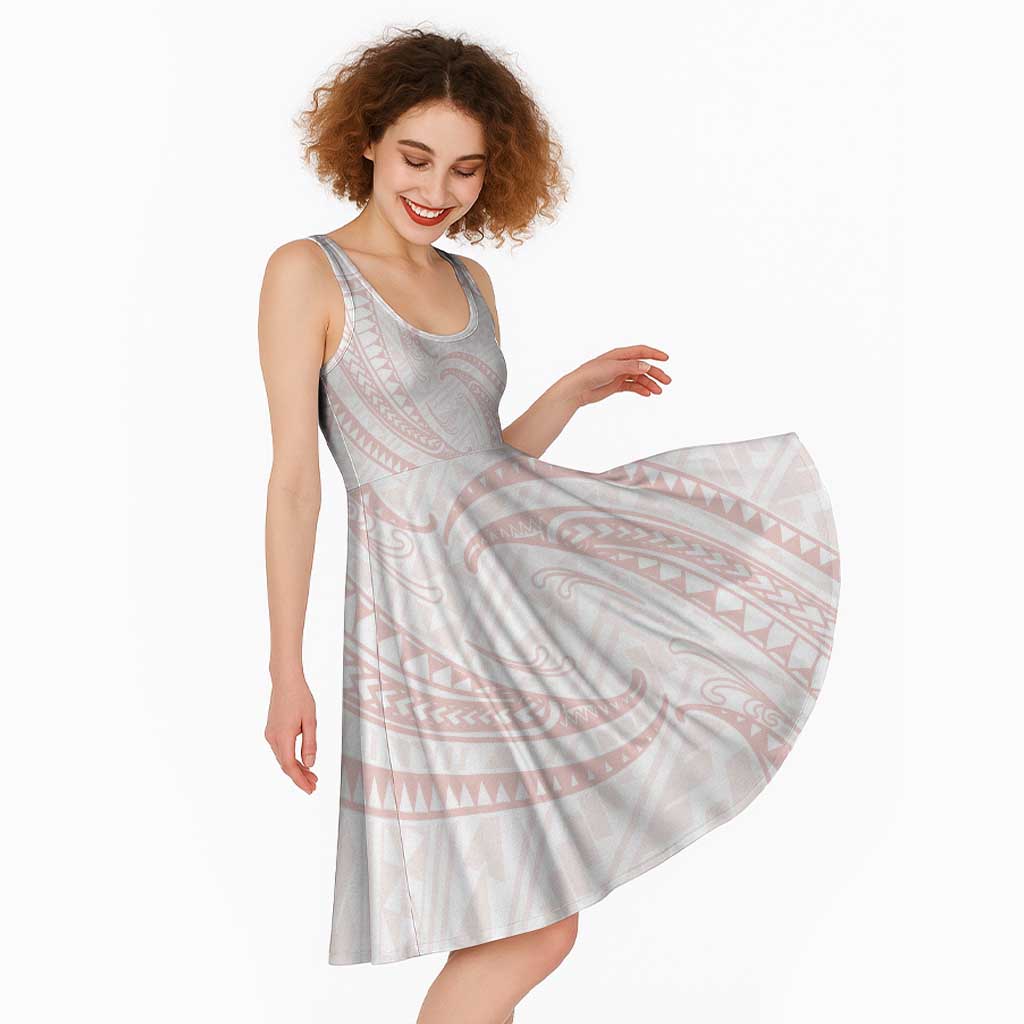 White Sunday Lotu Tamaiti Midi Dress Polynesian Wave Pastel Blush LT9 - Polynesian Pride
