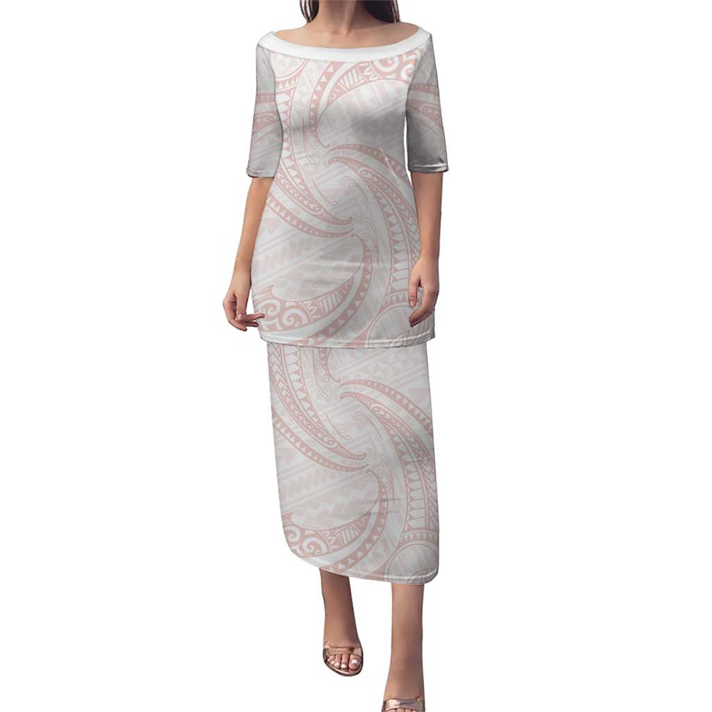 White Sunday Lotu Tamaiti Puletasi Polynesian Wave Pastel Blush LT9 Long Dress Blush - Polynesian Pride