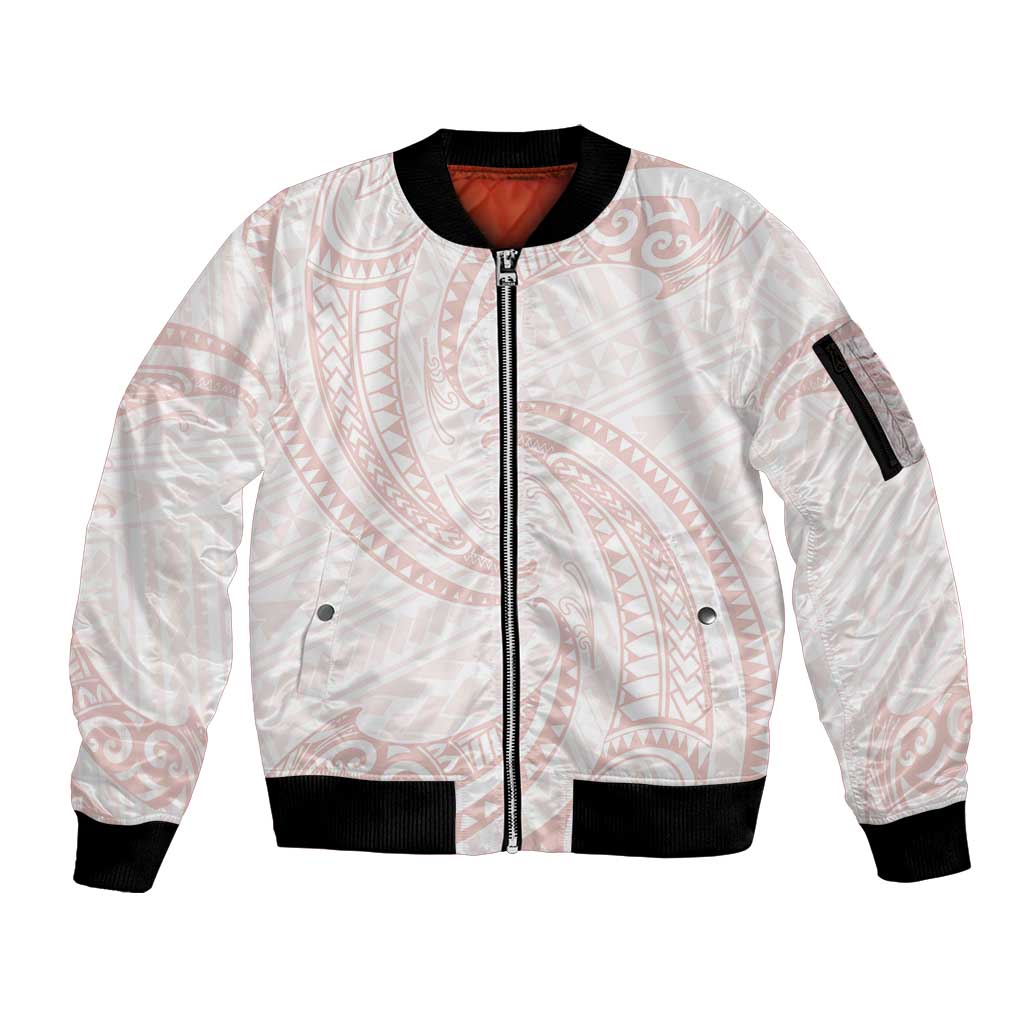 White Sunday Lotu Tamaiti Sleeve Zip Bomber Jacket Polynesian Wave Pastel Blush LT9 Unisex Blush - Polynesian Pride