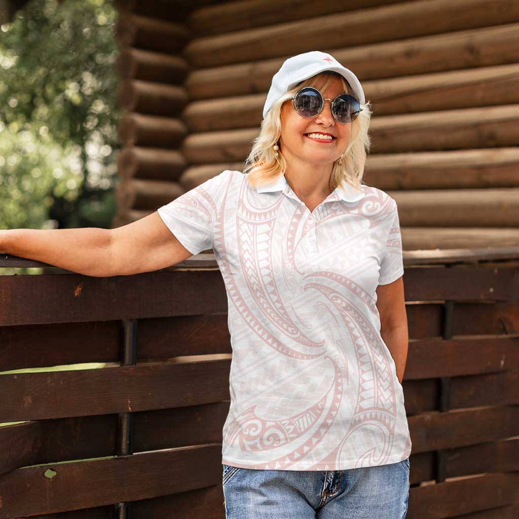 White Sunday Lotu Tamaiti Women Polo Shirt Polynesian Wave Pastel Blush LT9 - Polynesian Pride