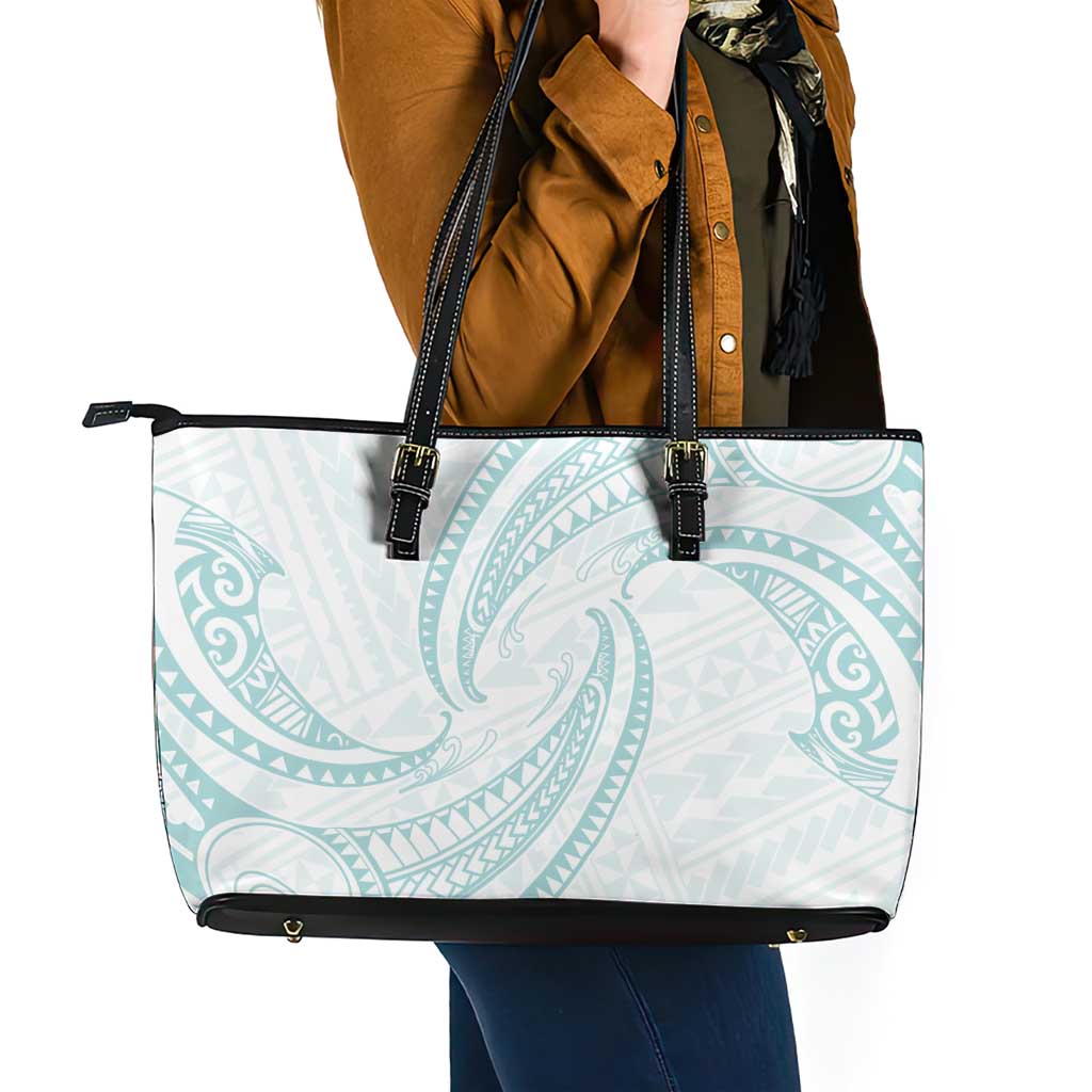 White Sunday Lotu Tamaiti Leather Tote Bag Polynesian Wave Pastel Cyan LT9 - Polynesian Pride
