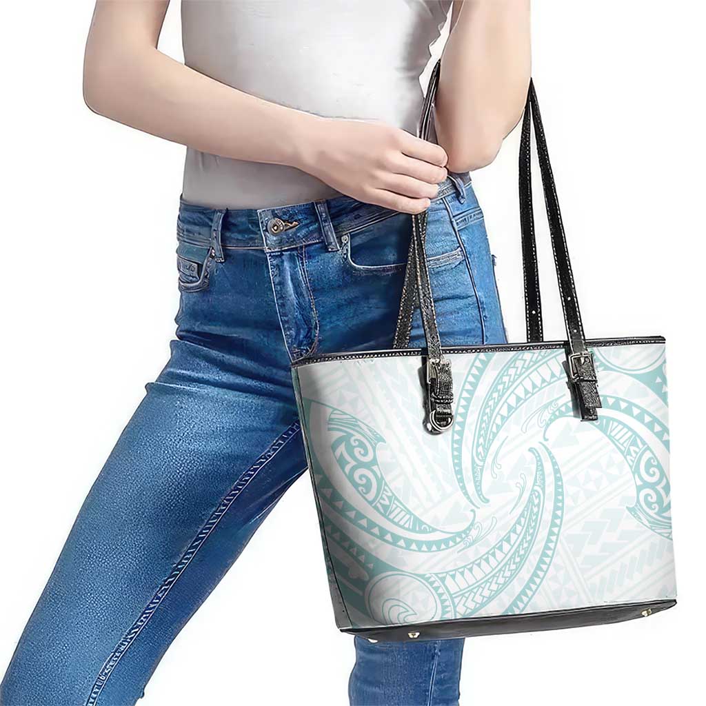 White Sunday Lotu Tamaiti Leather Tote Bag Polynesian Wave Pastel Cyan LT9 - Polynesian Pride