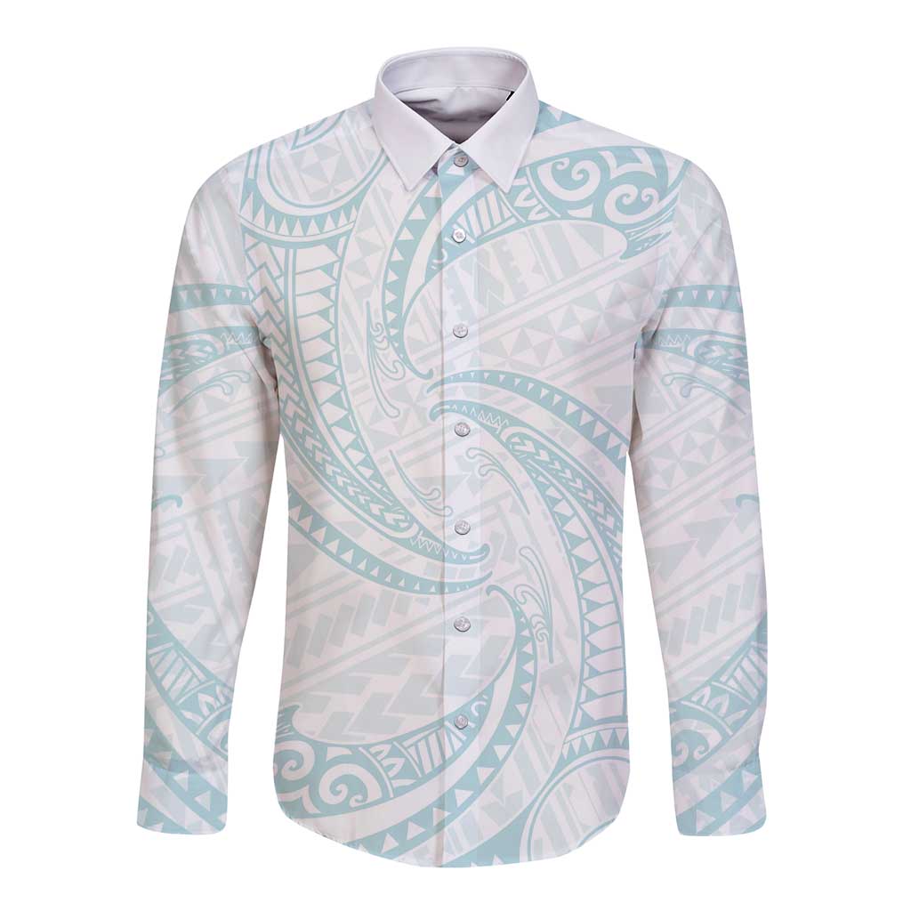 White Sunday Lotu Tamaiti Long Sleeve Button Shirt Polynesian Wave Pastel Cyan LT9 Unisex Cyan - Polynesian Pride