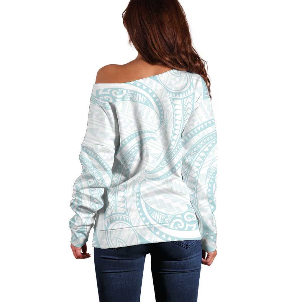 White Sunday Lotu Tamaiti Off Shoulder Sweater Polynesian Wave Pastel Cyan LT9 - Polynesian Pride