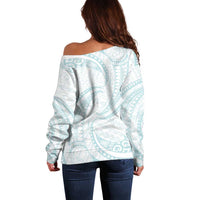 White Sunday Lotu Tamaiti Off Shoulder Sweater Polynesian Wave Pastel Cyan LT9 - Polynesian Pride