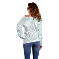 White Sunday Lotu Tamaiti Off Shoulder Sweater Polynesian Wave Pastel Cyan LT9 - Polynesian Pride