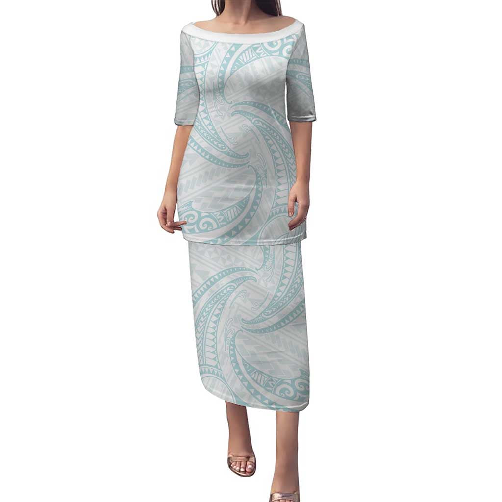 White Sunday Lotu Tamaiti Puletasi Polynesian Wave Pastel Cyan LT9 Long Dress Cyan - Polynesian Pride