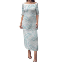 White Sunday Lotu Tamaiti Puletasi Polynesian Wave Pastel Cyan LT9 Long Dress Cyan - Polynesian Pride