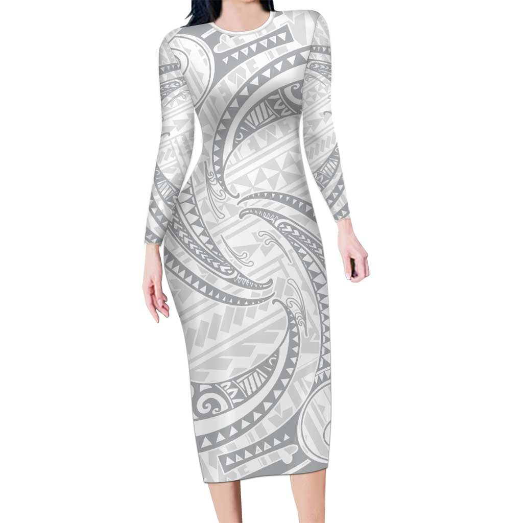White Sunday Lotu Tamaiti Long Sleeve Bodycon Dress Polynesian Wave Pastel Gray LT9 Long Dress Gray - Polynesian Pride