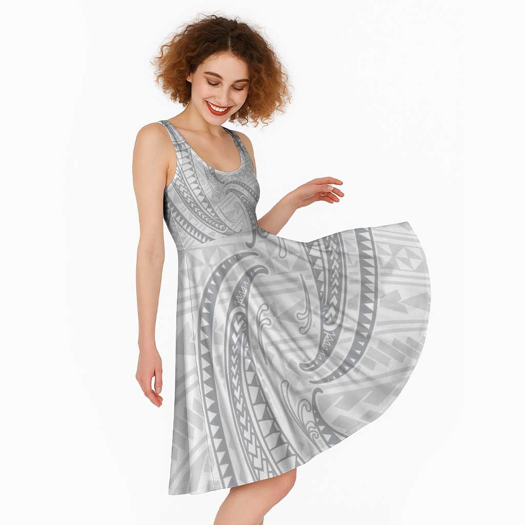 White Sunday Lotu Tamaiti Midi Dress Polynesian Wave Pastel Gray LT9 - Polynesian Pride