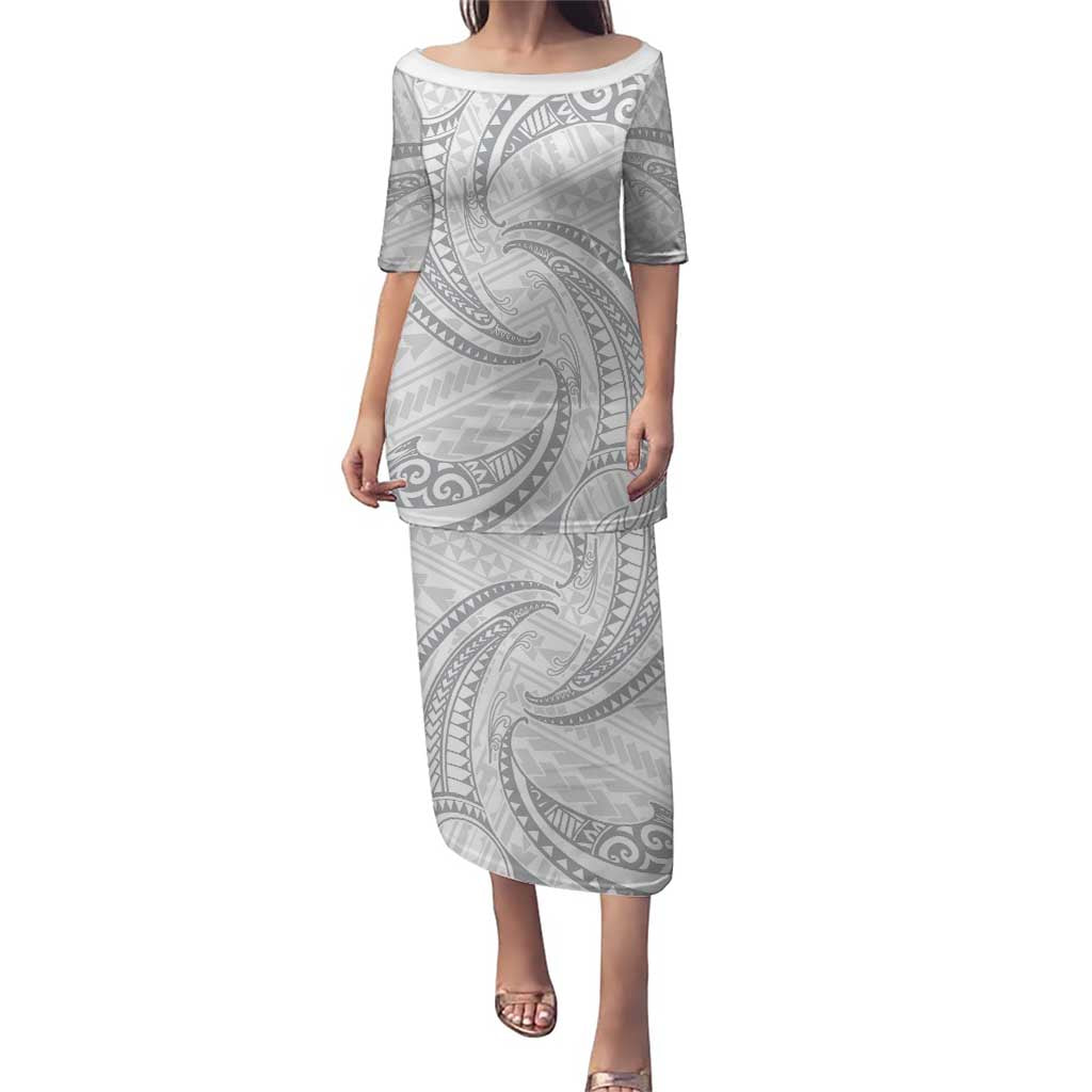White Sunday Lotu Tamaiti Puletasi Polynesian Wave Pastel Gray LT9 Long Dress Gray - Polynesian Pride
