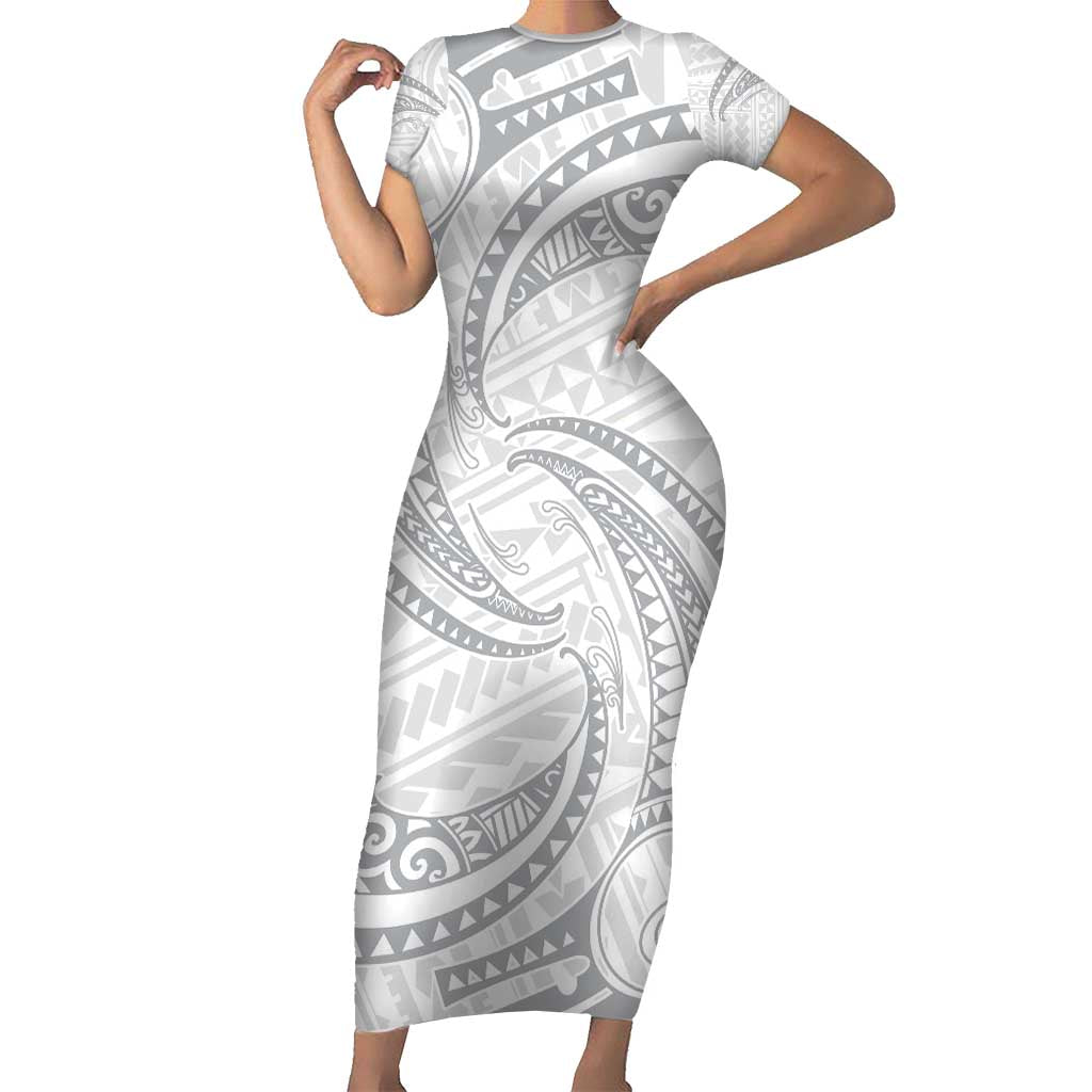 White Sunday Lotu Tamaiti Short Sleeve Bodycon Dress Polynesian Wave Pastel Gray LT9 Long Dress Gray - Polynesian Pride