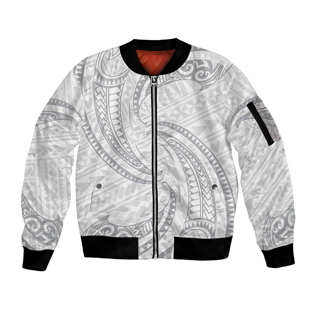 White Sunday Lotu Tamaiti Sleeve Zip Bomber Jacket Polynesian Wave Pastel Gray LT9 Unisex Gray - Polynesian Pride
