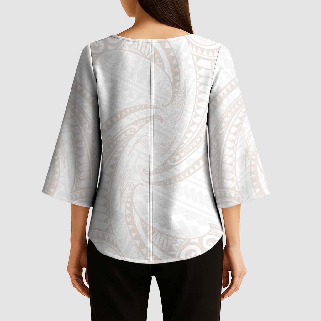 White Sunday Lotu Tamaiti Kimono Sleeve Blouse Polynesian Wave Pastel Nude LT9 - Polynesian Pride