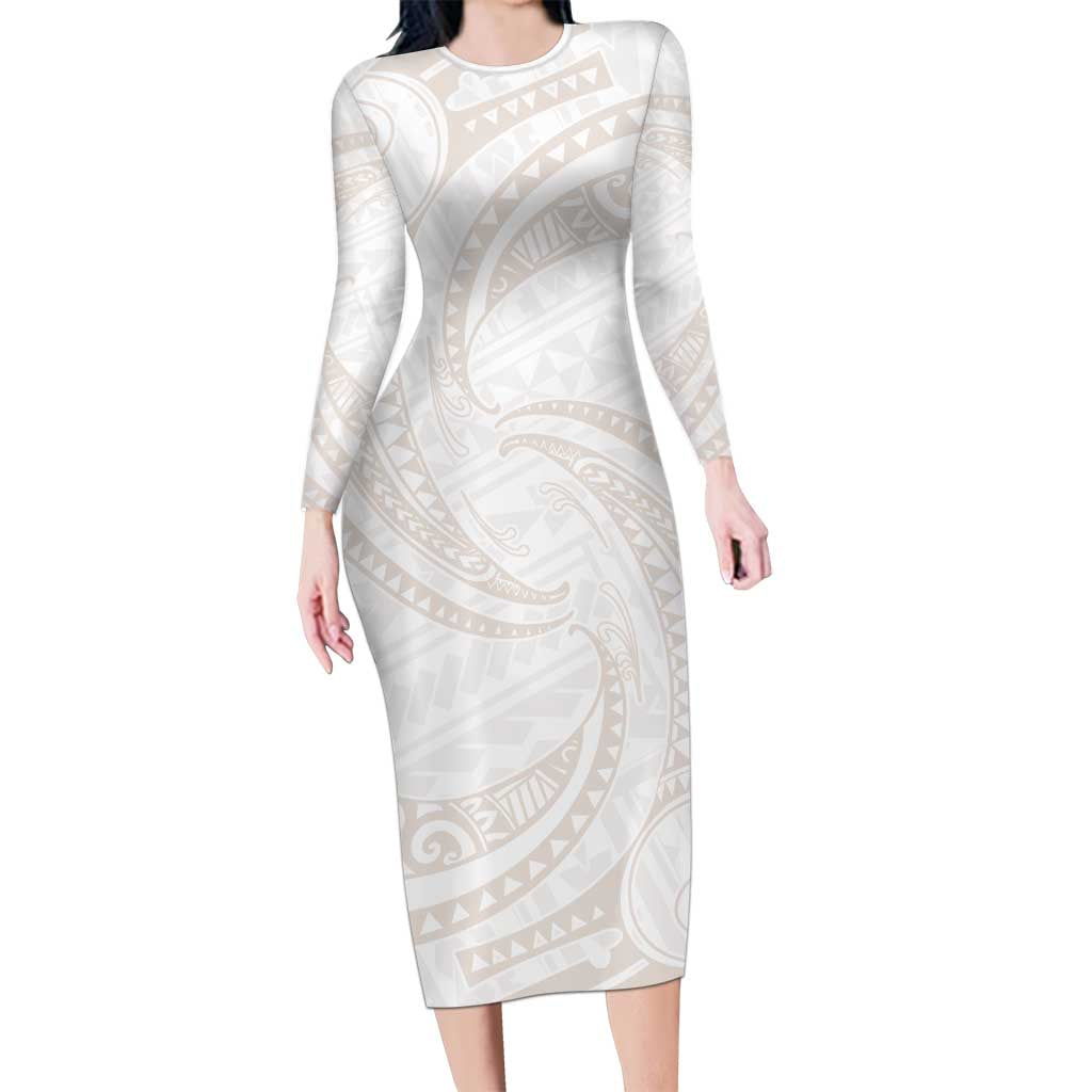 White Sunday Lotu Tamaiti Long Sleeve Bodycon Dress Polynesian Wave Pastel Nude LT9 Long Dress Nude - Polynesian Pride