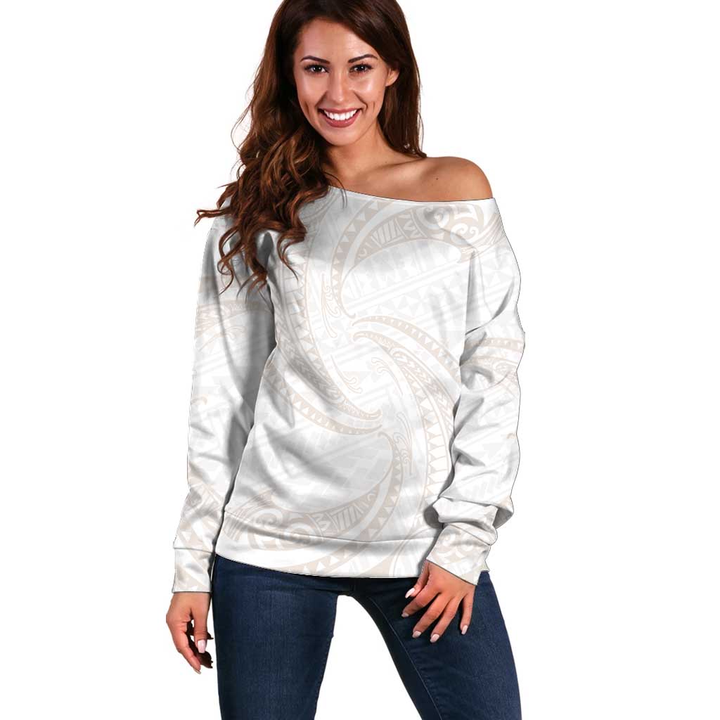 White Sunday Lotu Tamaiti Off Shoulder Sweater Polynesian Wave Pastel Nude LT9 Women Nude - Polynesian Pride