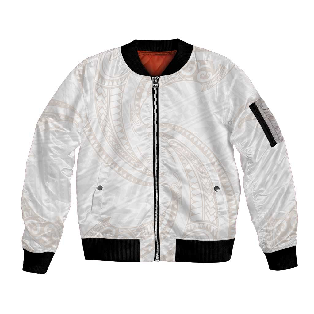 White Sunday Lotu Tamaiti Sleeve Zip Bomber Jacket Polynesian Wave Pastel Nude LT9 Unisex Nude - Polynesian Pride