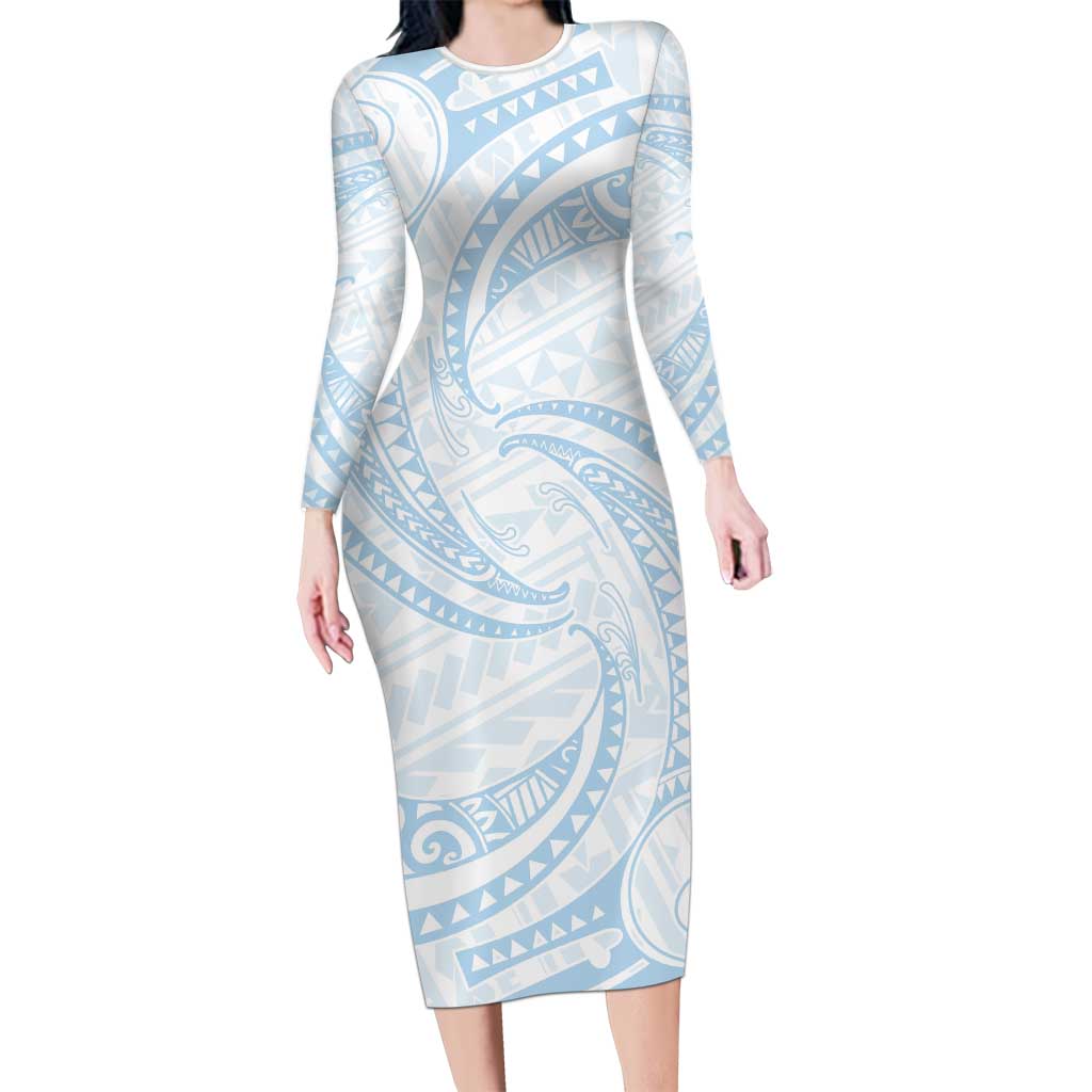 White Sunday Lotu Tamaiti Long Sleeve Bodycon Dress Polynesian Wave Pastel Sky Blue LT9 Long Dress Blue - Polynesian Pride