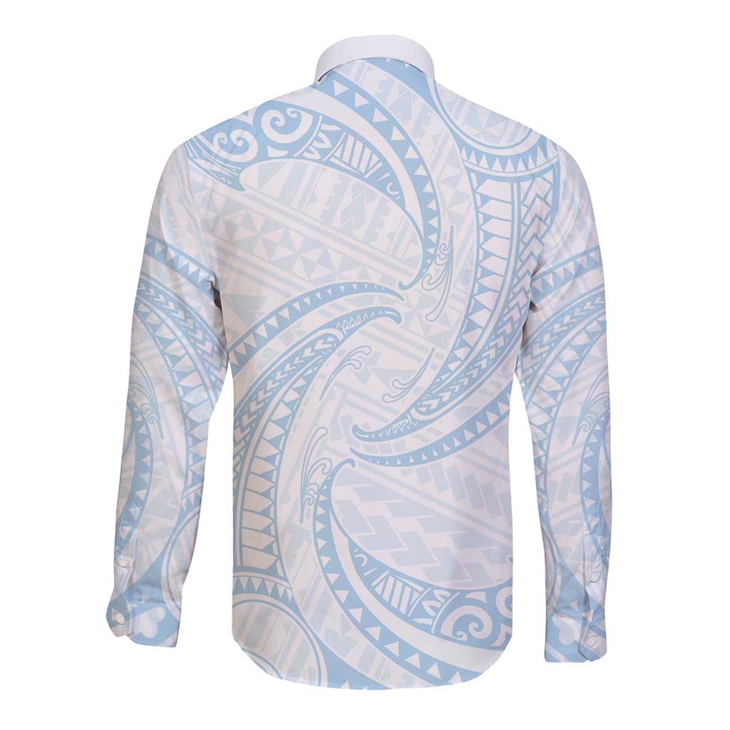 White Sunday Lotu Tamaiti Long Sleeve Button Shirt Polynesian Wave Pastel Sky Blue LT9 - Polynesian Pride