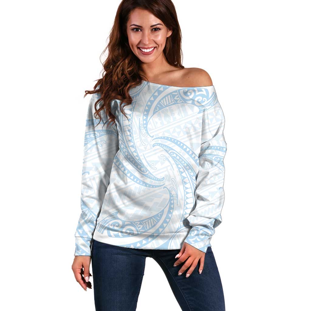 White Sunday Lotu Tamaiti Off Shoulder Sweater Polynesian Wave Pastel Sky Blue LT9 Women Blue - Polynesian Pride