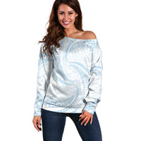 White Sunday Lotu Tamaiti Off Shoulder Sweater Polynesian Wave Pastel Sky Blue LT9 Women Blue - Polynesian Pride