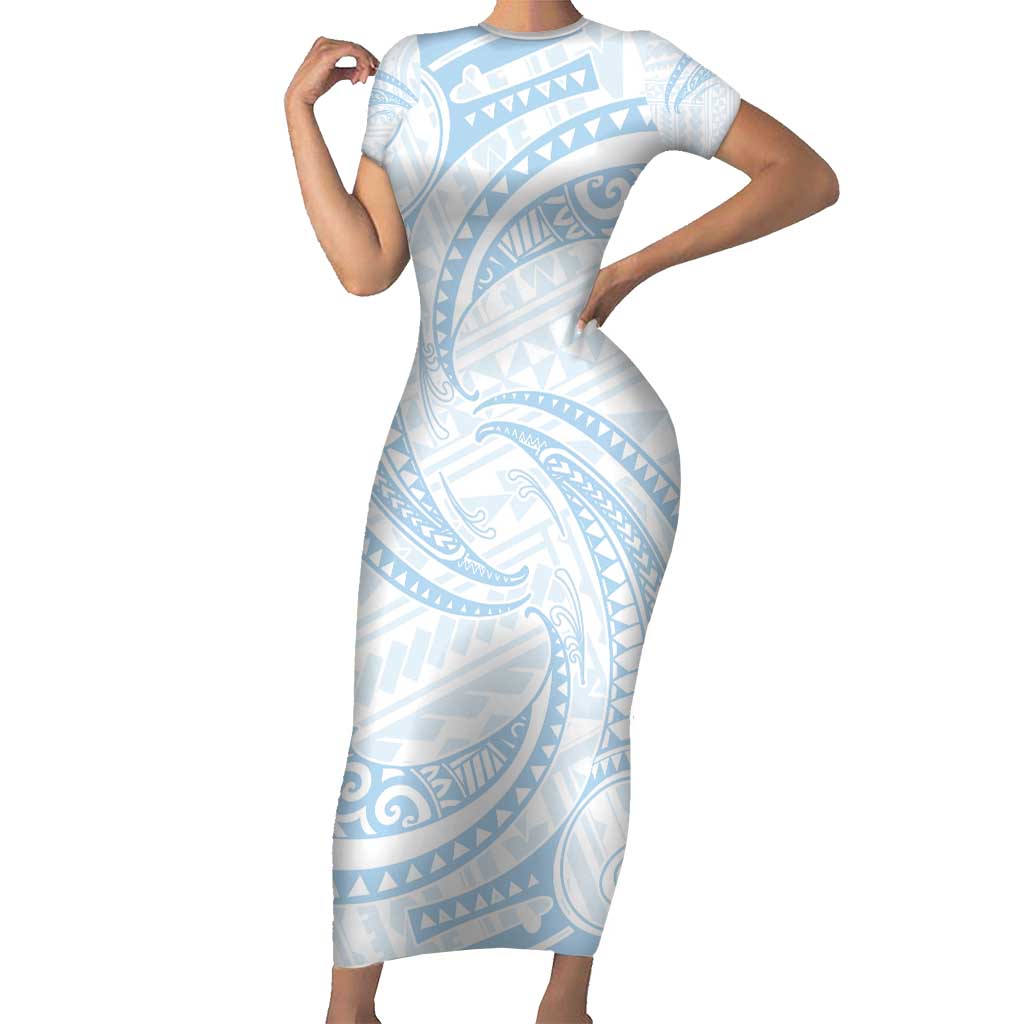 White Sunday Lotu Tamaiti Short Sleeve Bodycon Dress Polynesian Wave Pastel Sky Blue LT9 Long Dress Blue - Polynesian Pride